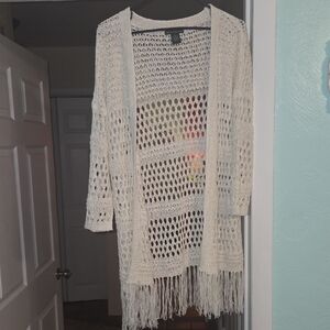 Women's Cream Open-Knit Sweater with Fringe